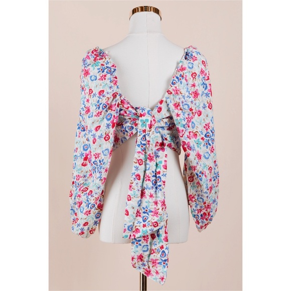 Sz M Zara Linen Blend Floral Tie Back Puff Sleeve Cropped Blouse GUC - Picture 2 of 5
